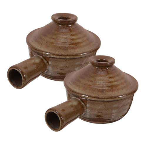 OFFIGAM 2pcs 耐熱電子レンジ対応日式粗陶スープボウル 蓋付き 小型調理鍋 レトロ和風デザイン 健康志向の家用多用途スープ サラダ 副菜用器