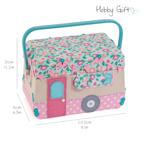 Image of Hobby Gift Caravan Sewing Box Craft Storage Basket with Handle Internal Accessories Tray for Sewing Knitting and Hobby Supplies