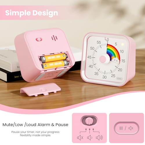 Visual Timer for Kids, Rainbow Timer with Pause Function, Pink - Image 5