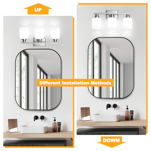 Image of Unicozin 3-Light Bathroom Light Fixtures, Modern Brushed Nickel Vanity Light Over Mirror, Wall Sconces with Milky White Glass Shades for Living Room Bedroom Hallway E26 Base