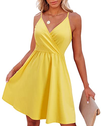 Image of VOTEPRETTY Women's V-Neck Spaghetti Strap Dress Summer Casual Swing Sundress with Pockets