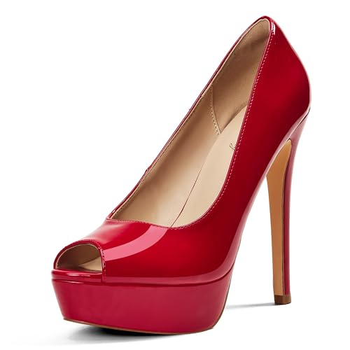 Image of Elisabet Tang Women's Platform High Heels Pumps Shoes Peep Toe 5.5 inch Stilettos Slip On for Dress Wedding Party Prom