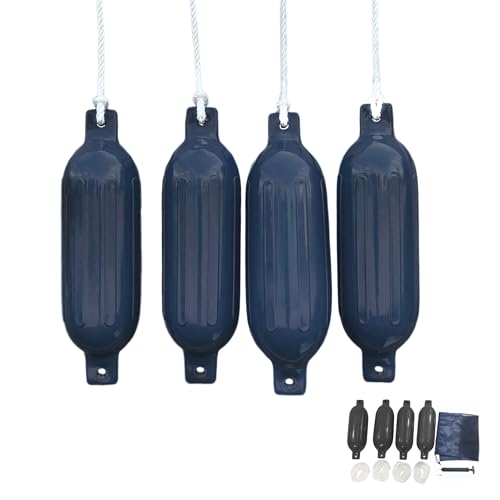 Savvycraft Boat Fender Bumper for Docking, 4 Pack Inflatable Ribbed Boat Fenders with Fender Lines and Air Pump, G Type- Ribbed Fender 8.5"x27" Black Color