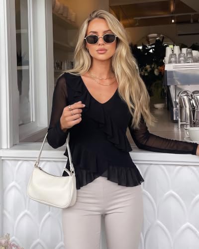 Okiwam Long Sleeve Shirts for Women Ruffle V Neck Y2K Mesh Top,Black,M - image 3