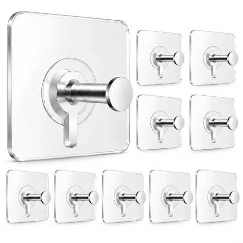 Image of Zista Self Adhesive Wall Hooks Heavy Duty, Pack of 10 | Transparent Sticky Hooks with Stainless Steel Hanger | Waterproof No Drill No Nail Hooks for Bathroom, Kitchen, Home & Office