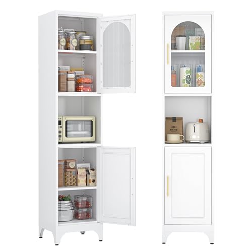 Polup Narrow Kitchen Pantry Cabinet with Acrylic Glass Door, 75”Tall Metal Slim Storage Cabinet with Shelves, Skinny Food Cupboard with Open Shelf for Dining, Living Room, White, Assembly Required