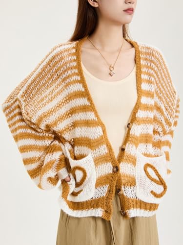 Women's Lightweight Cardigan Sweaters Crochet Knit Long Sleeve Button Down Striped Color Block Oversized Outwear2