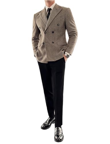 Men's Houndstooth Wedding Suit Blazer Peak Lapel Double Breasted Buttons Tuxedos Jacket Banquet