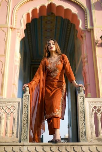 Image of ANNI Designer Women's Rayon Viscose Embroidered Straight Kurta with Pant & Dupatta | Ethnic Kurta Set for Festive, Casual & Office