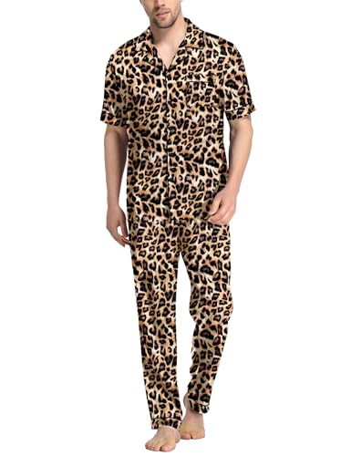 Image of SWOMOG Mens Satin Pajama Set Short Sleeve Classic Sleepwear Button Down Silky Loungewear with Long Pants