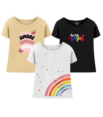 Image of KYDA KIDS Girls 100% Pure Cotton Printed T-Shirt Round Neck Short Sleeve Regular Fit Soft Breathable Casual Tops Summer Wear Daily Comforts -Pack of 3
