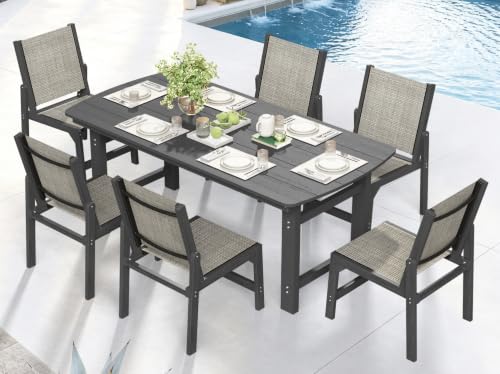 Image of Ciokea HDPE Outdoor Dining Set, Patio Table and 6 Stackable Chairs, Grey | All-Weather Furniture Set with 2 inch Umbrella Hole and Armless Chair. Breathable Teslin Fabric Suitable for Outdoor Leisure.