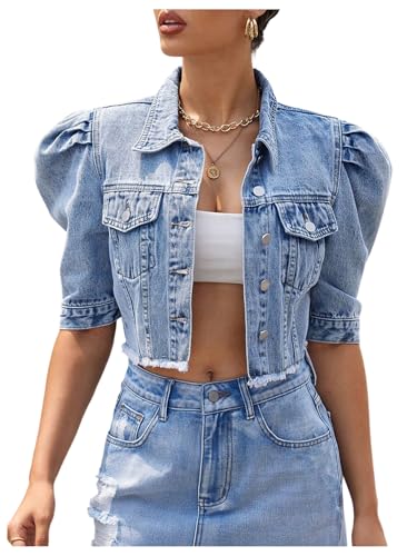 WDIRARA Women's Button Down Puff Sleeve Crop Denim Jacket Short