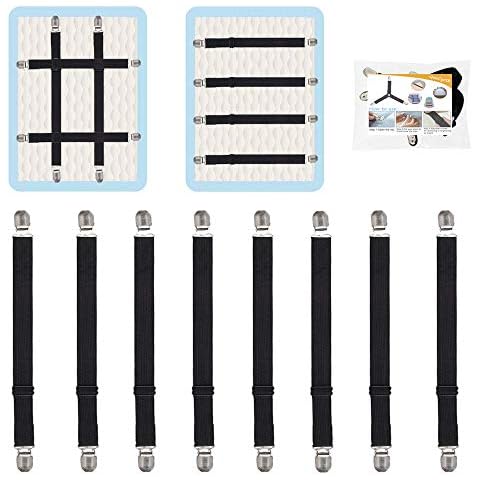 QoeCycth Adjustable Bed Sheet Straps Clips, Elastic Mattress Sheet Fasteners Holder and Suspenders, Grippers to Hold Sheet, Mattress, Sofa, Couch, Table Cloth, Ironing Board Cover, 8Pcs, Black Cover
