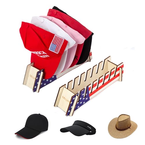 Mojedi Hat Stand for Baseball Caps Display and Organizer No Install wooden Hat Organizer for 7 Caps Storage, Versatile for Bedroom Closet Dresser Entrance(Flag)