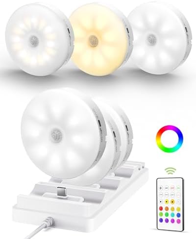EZVALO Under Cabinet Lighting with Charging Station, 1000mAh Rechargeable Puck Lights with Remote, 3 Color Temps & 12 RGB Closet Lights, Dimmable Motion Sensor Lights for Shelf, Kitchen (6 Packs)