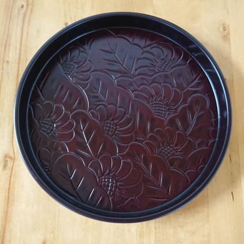 Kamakura-bori hand-carved urushi lacquer tray with traditional relief pattern, katsura or honoki wood base finished in red and black lacquer