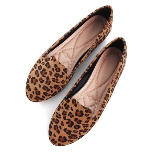SAILING LU Women Round Toe Flats Comfortable Ballet Shoes for Women Leopard Brown Dressy Slip-ons Loafers Size 10.5