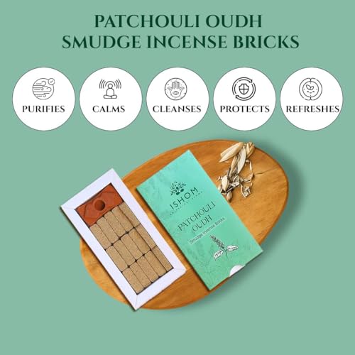 Image of ISHOM Smudge Incense Bricks Made with Patchouli Leaves & Oudh Oil, Long Lasting Aroma for Air Purification & Relaxation, Ideal for Meditation, Home Rituals & Aromatherapy (Pack of 15 with Holder)