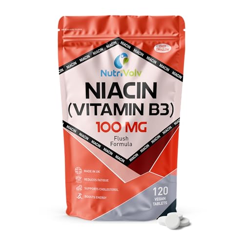 Nutrivolv Niacin Supplement Tablets | 100mg | Flush Formula | Pure Nicotinic Acid | Reduces Fatigue | Supports Healthy Cholesterol | Vitamin B3 for Men & Women | Vegan | Halal | Kosher | 120 Tablets