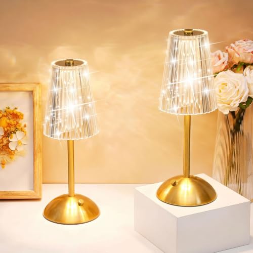Image of Liliful 2 Pcs Cordless Table Lamp Rechargeable Touch LED Small Gold Portable Battery Operated USB-c Desk Lamp 3 Color Dimmable for Bedroom Living Room Dining (Gold,Small Stripes)