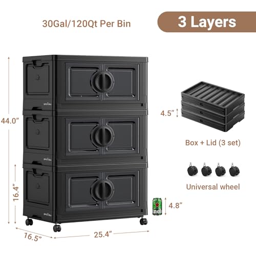 Image of BROVIEW 360Qt Lockable Stackable Storage Bins with Lids, Closet Organizers and Storage Drawer, Collapsible Storage Bin with Wheels, Plastic Cabinet for Toy Clothes Dorm Organizer, V9 3 Pack Black
