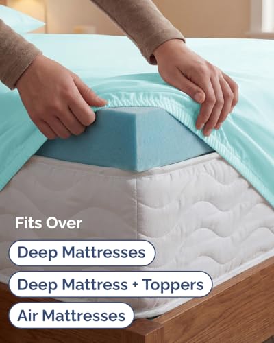 Image of Extra Deep Twin XL Sheet Set - 4 Piece Breathable Cooling Sheets - Spa Blue | Hotel Luxury Bed Sheets Set, Easy & Secure Fit, Ultra-Soft, Wrinkle & Fade Free, Comfy Sheets Set with Extra Deep Pockets