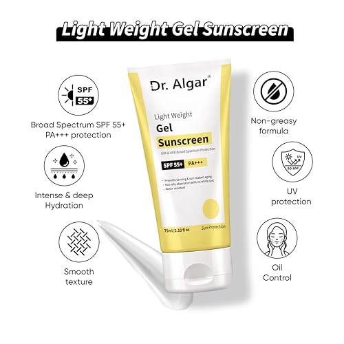 Image of Dr. Algar Professional Sunscreen Lotion SPF 55 PA+++ | Broad Spectrum UVA /UVB Sun Protection Cream for Indian Skin | Lightweight, Non-Greasy, Water-Resistant Sunblock | 75ml (Pack of 2)