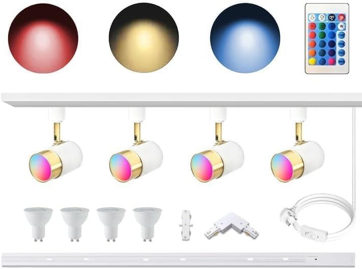 Bravsekai GU10 16-Colour RGB Track Lighting Kit, 4-Pack Color-Changing Spotlights and 1M H Track Rail, IR Remote Controlled Ceiling Spotlight Fixture for Living Room, Home Parties, Nightclubs, Bars