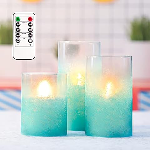 Crystal Club Flickering Flameless Candles with Timer, Real Wax Glass Effect Sandblast Candles, Battery Operated Ocean Theme LED Candles with Remote for Bathroom, Bedroom, Table Decoration Cover