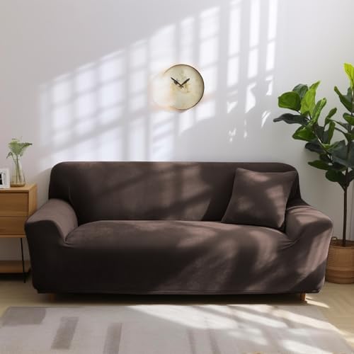 NAKIHOUSE Dicke Samt Sofa Überwürfe Sofabezug mit einem Kissenbezug, Superweicher Elastische Sofa Abdeckung in Kaffee Farbe für 1/2/3/4 Sitzer（L-förmiges Ecksofa erfordert Zwei）