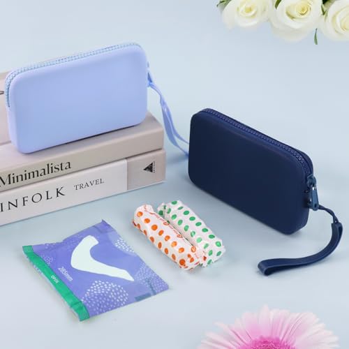 Image of Silicone Period Bags, Set of 2 Blue Tampon Holder for Purse with Zipper & Handle, Sanitary Napkin Storage Bag for Purse, Keeping Discreet Feminine Products