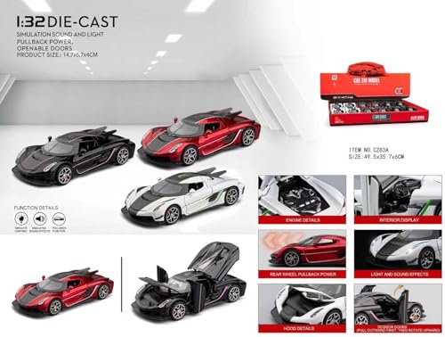 Image of Alokik 1:32 Scale Koenigsegg Jesko Sports Diecast Car Models Toys Metal Alloy 2 Openable Door and Sound & Light, Pull Back Toys Gifts for Boys Best Gift Car (Red)