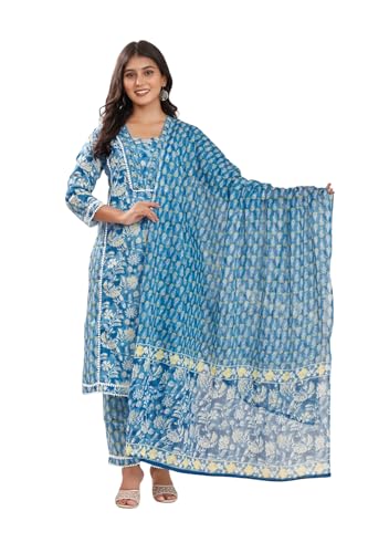 Women's Cotton Floral Printed Straight Traditional Indian Kurta with Pant