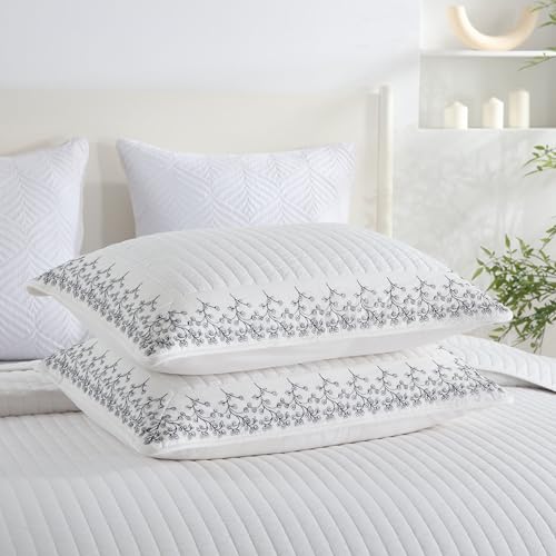 MarCielo 3-Piece 100% Cotton White Striped Quilt Set with Botanical Edge Embroidery TC(Sakura White,King(106" X 98"))