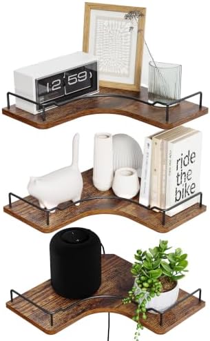 L-Shaped Corner Floating Shelves Set of 3,Rustic Wood Wall Mounte...