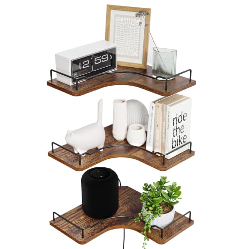 L-Shaped Corner Floating Shelves Set of 3,Rustic Wood Wall Mounted Storage Shelves,Display Shelf for Bathroom, Kitchen,Bedroom, Living Room, Office (Brown)