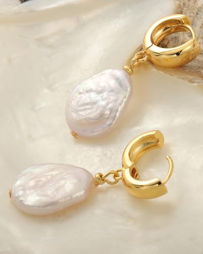 Freshwater Baroque Pearl Drop Dangle Earrings for Women, 14K Gold-plated Chunky Pearl Hoop Earring for Sensitive Ears, Big Hoop Huggie Drop Dangle Earring Hypoallergenic Trendy for Women Gifts 5