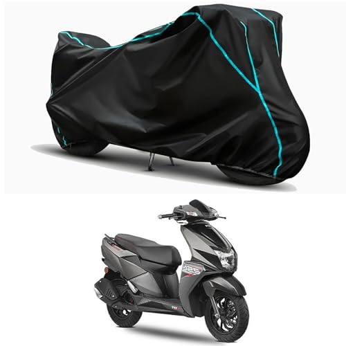 Image of Waterproof Bike Body Cover Compatible for | TVS NTORQ 125 Disc | Taffeta Fabric, Sky Piping Design, Bottom Elastic Fit | Dustproof, Sun UV & Rain Protection for All Weather.