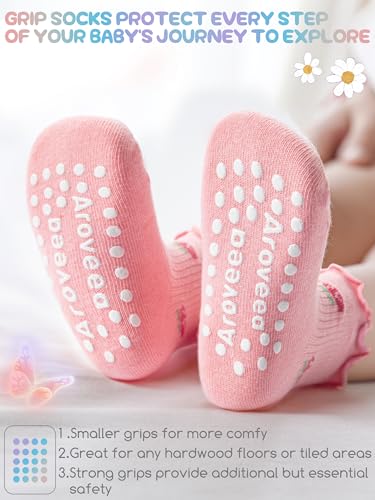 Image of Baby Toddler Girls Socks Grip Ruffle Non Slip Kids Cotton 12 Pack Socks | PREMIUM soft COTTON,full anti-slip grips,6month-7t grippy crew socks for girls,daily school all season wear,cute ruffle