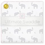SwaddleDesigns Ultimate Winter Swaddle, X-Large Receiving Blanket, Made in USA, Premium Cotton Flannel, Elephant and Pastel Pink Chickies (Mom's Choice Award Winner)