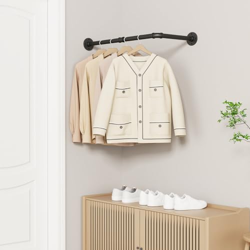 YheenLf Garderobenstange L Form, Industrial Kleiderstange Wandmontage, Vintage Kleiderständer Kleiderschrank, Garderobenständer für Bad Flur Küche, DIY (B60 x T30cm), Schwarz