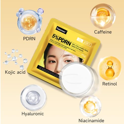 Natener 8 Pairs 5% PDRN Under Eye Patches, 6-in-1 Bio-Collagen 360° Eye Patches for puffy eyes, dark circles & Wrinkle | 2% Caffeine, Kojic acid, Retinol, Hyaluronic, Niacinamide | Korean Eye Care
