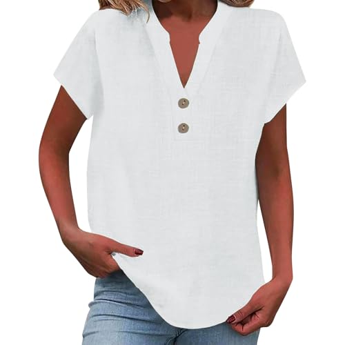 Linen Shirt for Women 2025 Short Sleeve Button Down V Neck Vacation Boho Tops Lightweight Loose Summer Tunic Blouses