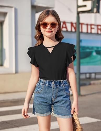 Image of Arshiner Girls Shirts Short Sleeve Tee Ruffle Solid Summer Keyhole Neck Cotton Blouse Tops