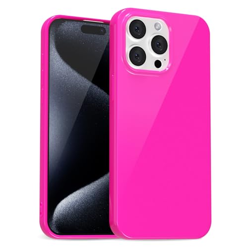 uvcoat for iPhone 15 Pro Case Silicone, Glossy Cute Jelly Soft Rubber Gel Protective Plastic Phone Case, Thin Ultra Slim Plain Solid Color Cover for Women, Neon Hot Pink