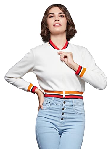 Image of Miss Chase Women's Off White V-Neck Full Sleeves Bomber Cropped Jacket