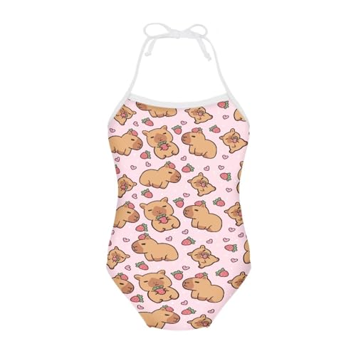 Jekioweii Capybara Strawberry Girls One Piece Swimsuit Novelty Halter Bathing Suit Adjustable Strap Summer Swimwear Beachwear Infant to Little Kid