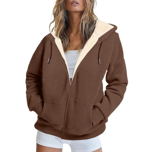 Women Zip Up Fleece Jacket Thick Sherpa Lined Hooded Sweatshirts Long Sleeve Winter Thermal Coats with Pockets