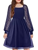Arshiner Girl Tulle Dress Puff Long Sleeve Teen Girls Party Casual Dresses 10-11 Year Navy Blue